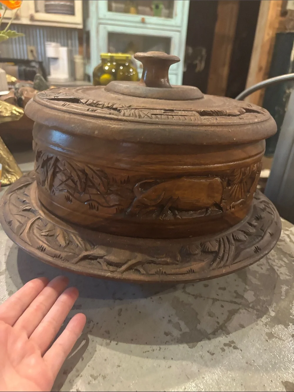 Carved Wooden Lidded  cake holder - Rich Brown Old unique wood . So pretty
